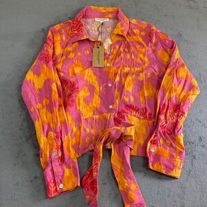 Christian Siriano New York Pink Orange Ikat Floral Linen Blend Tie Front Top L